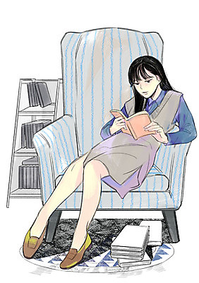 전신 PSD 라이프스타일 여자 의자 일러스트 책장 한명 성인 취미 책 독서 안식처 국내일러스트 1 가구 휴식 사람 생활 파일형식