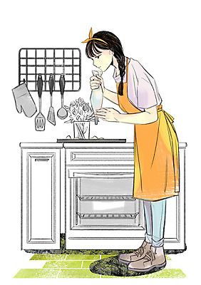 전신 PSD 라이프스타일 여자 일러스트 주방용품 요리 한명 성인 취미 앞치마 오븐 제빵 짤주머니 국내일러스트 1 생활용품 사람 생활 제과제빵 가전제품 제빵도구 파일형식