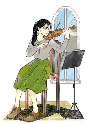 전신 PSD 라이프스타일 여자 연주 의자 일러스트 창문 한명 성인 취미 보면대 바이올린 국내일러스트 1 음악 가구 현악기 사람 생활 파일형식