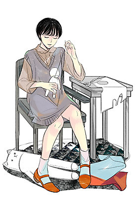 전신 PSD 라이프스타일 여자 인형 일러스트 한명 성인 취미 직물 바느질 공예 책상 만들기 가위질 안식처 키덜트 국내일러스트 1 가구 모션 휴식 가위_도구 사람 생활 파일형식