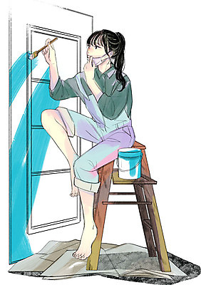 전신 PSD 라이프스타일 여자 의자 일러스트 한명 성인 취미 인테리어 문 색칠 페인트통 페인트붓 국내일러스트 1 디자인 가구 통 사람 생활 페인트 붓 파일형식