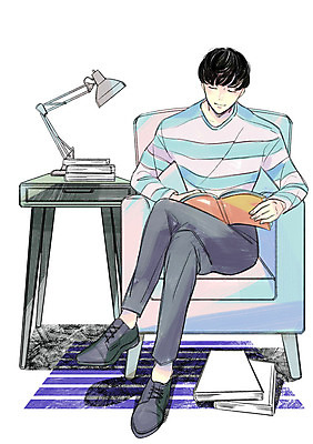 전신 PSD 라이프스타일 남자 의자 일러스트 탁자 한명 성인 취미 책 독서 다리꼬기 스탠드 안식처 국내일러스트 1 가구 모션 휴식 조명 사람 생활 파일형식