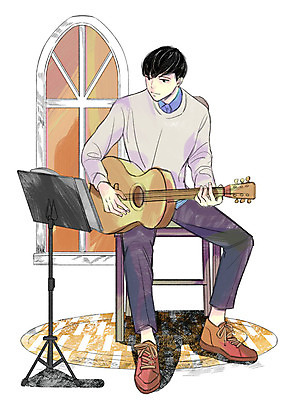 전신 PSD 라이프스타일 남자 연주 의자 일러스트 창문 한명 성인 취미 기타 보면대 국내일러스트 1 음악 가구 현악기 사람 생활 파일형식