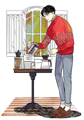 전신 PSD 라이프스타일 남자 커피 일러스트 창문 탁자 주전자 한명 성인 취미 그라인더 드립커피 안식처 핸드드립 국내일러스트 1 음료 가구 주방용품 휴식 사람 생활 커피용품 파일형식