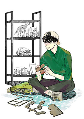 전신 PSD 라이프스타일 남자 일러스트 선반 한명 앉기 성인 취미 피규어 만들기 프라모델 안식처 키덜트 국내일러스트 1 가구 모션 휴식 사람 생활 장난감 미니어처 파일형식