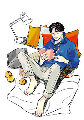 전신 PSD 라이프스타일 남자 쿠션 일러스트 휴식 귤 한명 성인 취미 책 눕기 스탠드 만화책 국내일러스트 1 컨셉 과일 모션 조명 사람 생활 파일형식