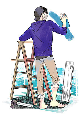 전신 PSD 라이프스타일 남자 일러스트 사다리 마스크 한명 성인 취미 인테리어 망치 스프레이락카 안식처 국내일러스트 1 디자인 휴식 사람 생활 도구 공구 파일형식