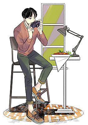 전신 PSD 라이프스타일 남자 의자 일러스트 창문 탁자 한명 성인 취미 카메라 사진촬영 스탠드 국내일러스트 1 가구 조명 사람 생활 전자제품 촬영 파일형식