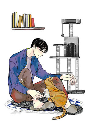 전신 PSD 라이프스타일 남자 반려견 일러스트 선반 한명 성인 취미 책 고양이 안식처 애묘용품 국내일러스트 반려용품 1 가구 포유류 휴식 사람 생활 반려동물 개 오브젝트 파일형식