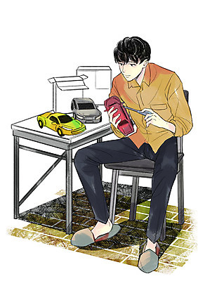 전신 PSD 라이프스타일 남자 의자 일러스트 한명 성인 취미 드라이버 장난감자동차 책상 조립 안식처 키덜트 국내일러스트 1 가구 휴식 사람 생활 장난감 공구 파일형식