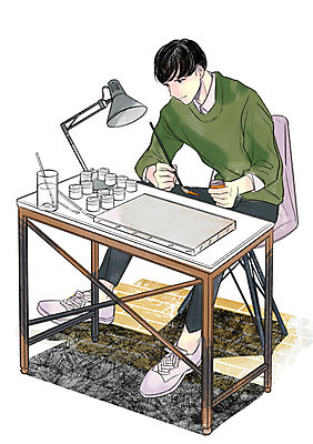 전신 PSD 라이프스타일 남자 의자 일러스트 한명 성인 취미 물감 스탠드 붓 그리기 책상 국내일러스트 1 가구 모션 조명 사람 생활 미술도구 파일형식