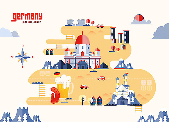 구름 여행 일러스트 자동차 맥주 독일 사람없음 관광지 성 소시지 나침반 여행지도 노이슈반슈타인성 랜드마크 국내일러스트 AI파일 자연요소 건축물 유럽 육상교통 지도 주류 가공식품 파일형식 벡터