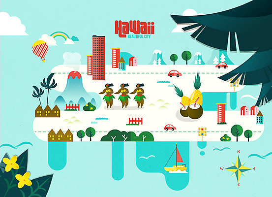 여자 여행 무지개 일러스트 자동차 빌딩 성인 세명 관광지 열기구 배 나침반 파인애플 화산 하와이 여행지도 코코넛 랜드마크 하와이춤 국내일러스트 AI파일 자연요소 육상교통 지도 과일 항공교통 산 사람 건물 미국 춤 열대과일 파일형식 벡터