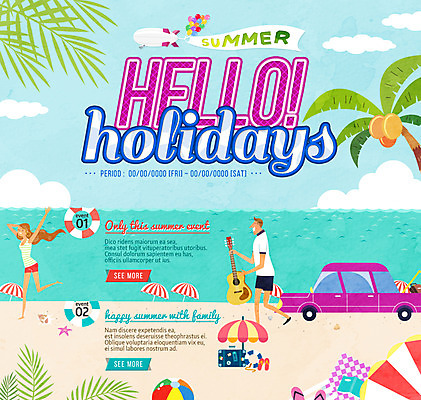 PSD 템플릿 여자 남자 바다 웹템플릿 자동차 이벤트페이지 이벤트 성인 해변 두명 여름휴가 바캉스 야자수 기타 파라솔 비행선 이미지템플릿 나무 육상교통 현악기 휴가 사람 페이지 파일형식 여름_계절