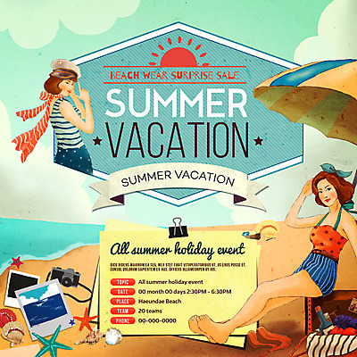 PSD 템플릿 여자 웹템플릿 조개 불가사리 이벤트페이지 이벤트 성인 해변 두명 여름휴가 바캉스 야자수 태양 카메라 여행가방 파라솔 이미지템플릿 자연요소 나무 바다 가방 휴가 어패류 극피동물 사람 전자제품 페이지 파일형식 여름_계절