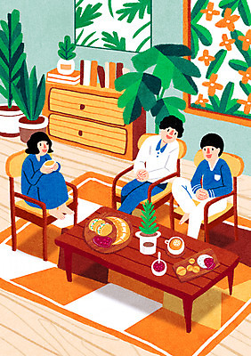 PSD 여자 남자 화분 음식 빵 액자 의자 일러스트 탁자 대화 성인 책 세명 차 서랍장 킨포크 국내일러스트 음료 가구 말하기 사람 파일형식