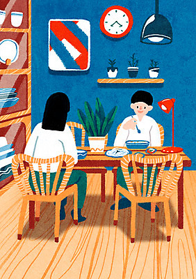 PSD 식기 여자 남자 화분 음식 시계 액자 의자 일러스트 식탁 조명 선반 성인 두명 식사 스탠드 찬장 킨포크 국내일러스트 가구 탁자 사람 파일형식