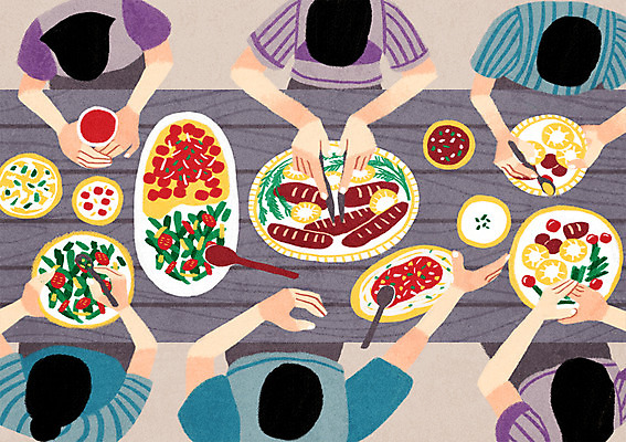 PSD 그릇 식기 여자 남자 음식 일러스트 식탁 여러명 성인 숟가락 샐러드 소시지 킨포크 국내일러스트 다수 탁자 수저 사람 가공식품 파일형식