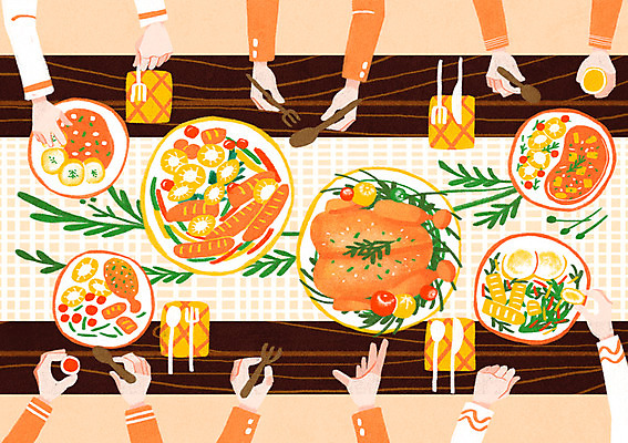 PSD 그릇 식기 손 음식 포크 일러스트 신체부위 숟가락 샐러드 식탁보 칠면조 킨포크 국내일러스트 조류 수저 사람 파일형식