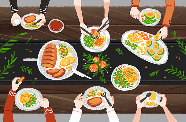 PSD 그릇 식기 손 음식 빵 일러스트 식탁 스파게티 신체부위 샐러드 아보카도 킨포크 국내일러스트 과일 탁자 파스타 사람 파일형식