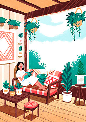 PSD 여자 화분 음식 액자 쿠션 거실 일러스트 창문 탁자 선인장 실내 한명 성인 책 소파 독서 안식처 킨포크 국내일러스트 식물 1 가구 의자 휴식 사람 내부 파일형식
