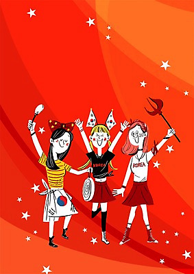 PSD 여자 별 올림픽 일러스트 응원 성인 세명 태극기 응원복 응원단 징 국내일러스트 자연요소 옷 스포츠 타악기 국악기 사람 국기 파일형식