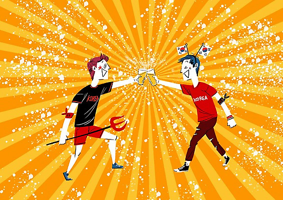 PSD 남자 올림픽 일러스트 응원 맥주 성인 두명 태극기 건배 응원복 맥주잔 삼지창 국내일러스트 옷 창 스포츠 술잔 주류 사람 국기 파일형식