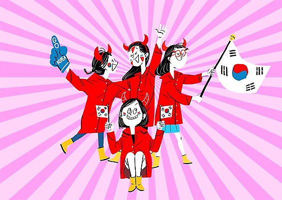 PSD 학생 여자 올림픽 일러스트 응원 청소년 여러명 태극기 응원복 우비 응원단 국내일러스트 옷 스포츠 다수 사람 국기 파일형식