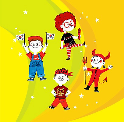 PSD 여자 남자 어린이 올림픽 일러스트 응원 여러명 태극기 응원복 응원단 막대풍선 삼지창 악마분장 국내일러스트 옷 창 스포츠 다수 사람 응원용품 국기 풍선 파일형식