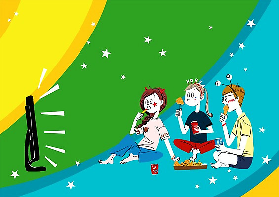 PSD 여자 남자 올림픽 일러스트 응원 성인 세명 모니터 치킨 머리띠 캔 먹기 국내일러스트 시청하다 스포츠 장신구 모션 사람 컴퓨터 닭고기요리 파일형식