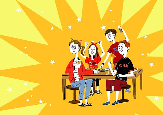 PSD 여자 남자 올림픽 일러스트 응원 식탁 맥주 여러명 성인 치킨 치맥 국내일러스트 스포츠 다수 탁자 주류 사람 닭고기요리 파일형식