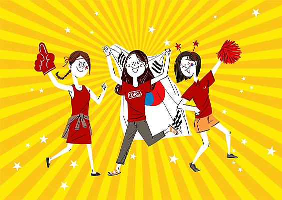 PSD 여자 올림픽 일러스트 응원 성인 세명 태극기 응원복 응원단 국내일러스트 옷 스포츠 사람 국기 파일형식