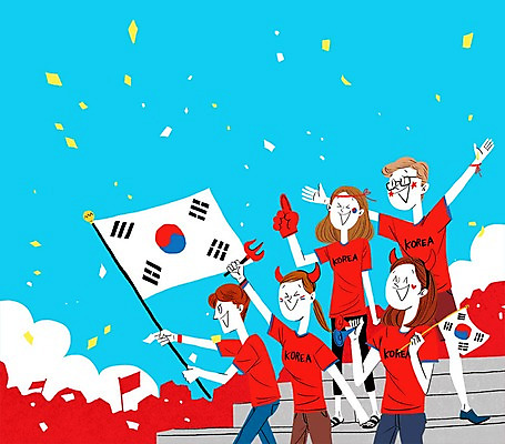 PSD 여자 남자 올림픽 일러스트 응원 여러명 성인 계단 태극기 응원복 응원단 응원나팔 삼지창 국내일러스트 옷 창 스포츠 다수 사람 응원용품 국기 파일형식