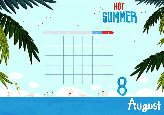 PSD 바다 백그라운드 일러스트 물놀이 갈매기 나뭇잎 사람 여러명 사람없음 여름 여름휴가 바캉스 달력 8월 국내일러스트 계절 다수 잎 놀이 조류 휴가 날짜 파일형식 여름_계절