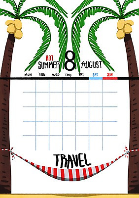 PSD 백그라운드 일러스트 사람없음 여름 여름휴가 바캉스 야자수 달력 해먹 8월 국내일러스트 나무 계절 휴가 침대 날짜 파일형식 여름_계절