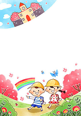 PSD 나무 구름 여자 남자 꽃잎 길 어린이 나비 무지개 일러스트 학교 프레임 두명 등교 어린이세상 프레임일러스트 국내일러스트 자연요소 식물 교육 꽃 곤충 사람 등하교 파일형식