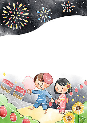 PSD 여자 남자 어린이 일러스트 밤하늘 해바라기 프레임 불꽃놀이 여름 축제 어린이세상 솜사탕 유카타 프레임일러스트 홍등 국내일러스트 계절 꽃 놀이 하늘 디저트 사람 등불 야간 일본전통의상 파일형식