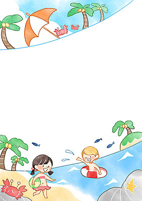 PSD 여자 남자 어린이 일러스트 물놀이 프레임 해변 두명 야자수 게 바위 파라솔 비치볼 어린이세상 튜브 프레임일러스트 국내일러스트 나무 바다 공 놀이 바캉스용품 갑각류 사람 돌_바위 파일형식