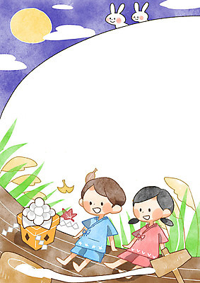PSD 구름 여자 남자 어린이 일러스트 프레임 두명 달 토끼 어린이세상 떡방아 경단 프레임일러스트 국내일러스트 자연요소 포유류 사람 반려동물 방아 파일형식