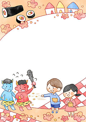 PSD 여자 남자 꽃잎 어린이 일러스트 프레임 두명 도깨비 김밥 어린이세상 도깨비방망이 프레임일러스트 절분 국내일러스트 꽃 음식 사람 방망이 일본전통 파일형식