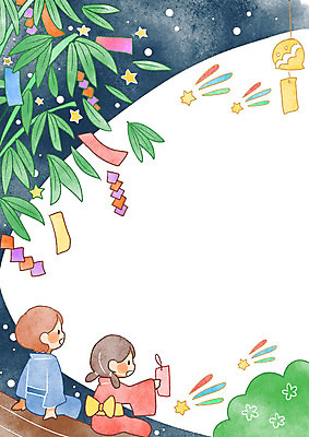 PSD 여자 남자 어린이 일러스트 밤하늘 프레임 두명 여름 유성 대나무 어린이세상 유카타 프레임일러스트 국내일러스트 나무 계절 하늘 사람 야간 일본전통의상 파일형식