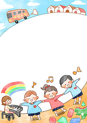 PSD 여자 남자 어린이 악기 무지개 음표 일러스트 프레임 여러명 성인 세명 장난감 유치원생 건반 피아노 어린이세상 셔틀버스 프레임일러스트 국내일러스트 자연요소 기호 음악 다수 버스 사람 건반악기 파일형식