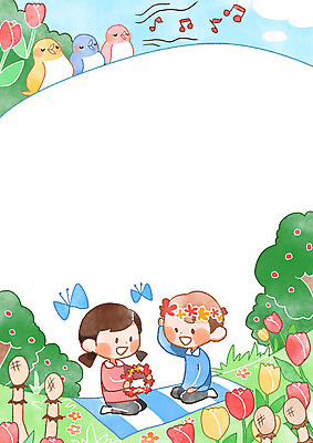 PSD 나무 여자 남자 꽃 어린이 나비 일러스트 조류 프레임 두명 화관 봄 튤립 어린이세상 봄소풍 프레임일러스트 국내일러스트 식물 동물 계절 곤충 사람 소풍 파일형식