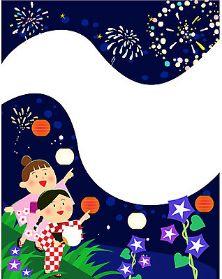 여자 문화 어린이 일본문화 일러스트 프레임 불꽃놀이 이벤트 두명 여름 축제 부채 나팔꽃 마츠리 일본전통축제 프레임일러스트 홍등 국내일러스트 AI파일 동양문화 계절 꽃 외국문화 놀이 사람 등불 파일형식 벡터