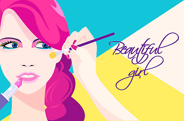 여자 포스터 일러스트 한명 성인 화장 뷰티 립스틱 눈화장 메이크업브러쉬 여신 국내일러스트 AI파일 1 사람 화장품 붓 파일형식 벡터