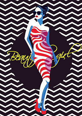 전신 드레스 여자 포스터 패턴 일러스트 한명 성인 선글라스 화장 뷰티 섹시 하이힐 여신 지그재그 국내일러스트 AI파일 1 옷 안경 구두 컨셉 무늬 사람 여성화 파일형식 벡터