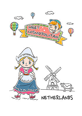 전신 여자 남자 일러스트 서기 성인 두명 풍차 열기구 전통의상 젖소 네덜란드 국내일러스트 AI파일 전통 유럽 항공교통 모션 사람 소 파일형식 벡터