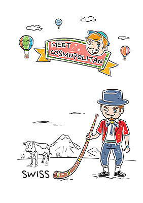 전신 여자 남자 일러스트 산 서기 성인 두명 열기구 전통의상 스위스 젖소 스위스전통의상 국내일러스트 AI파일 전통 유럽 항공교통 모션 사람 소 파일형식 벡터