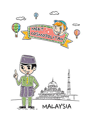 전신 남자 일러스트 서기 성인 두명 열기구 전통의상 말레이시아 국내일러스트 AI파일 전통 아시아 항공교통 모션 사람 파일형식 벡터