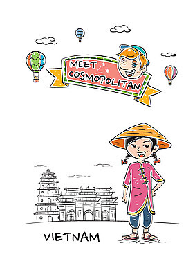 전신 여자 남자 일러스트 서기 성인 두명 열기구 전통의상 베트남 베트남문화 국내일러스트 AI파일 동양문화 전통 외국문화 항공교통 모션 사람 동남아시아 파일형식 벡터